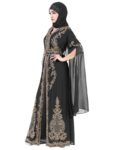 Dubai Black Georgette Pearl Embroidery Kaftan