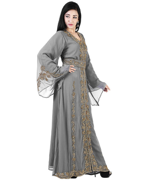 Arabic Grey Georgette Pearl Embroidery Kaftan