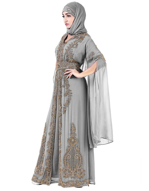 Muslim Grey Georgette Pearl Embroidery Kaftan