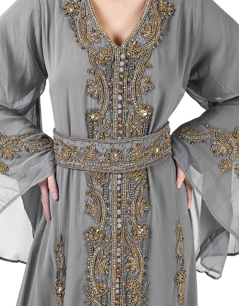 Arabic Grey Georgette Pearl Embroidery Kaftan