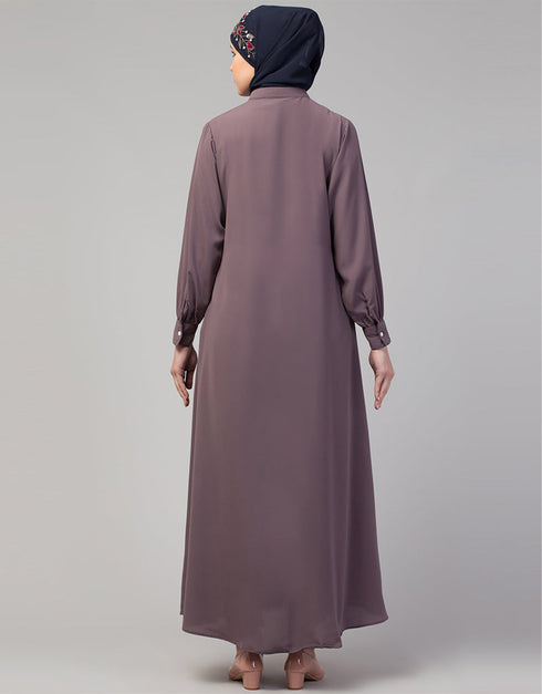 Arabic Abaya with a simple front-open design and cuffs for a stylish In Color Plum