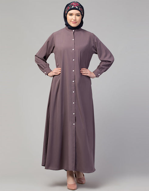 Arabic Abaya with a simple front-open design and cuffs for a stylish In Color Plum