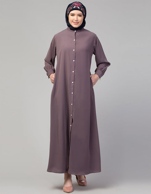 Arabic Abaya with a simple front-open design and cuffs for a stylish In Color Plum