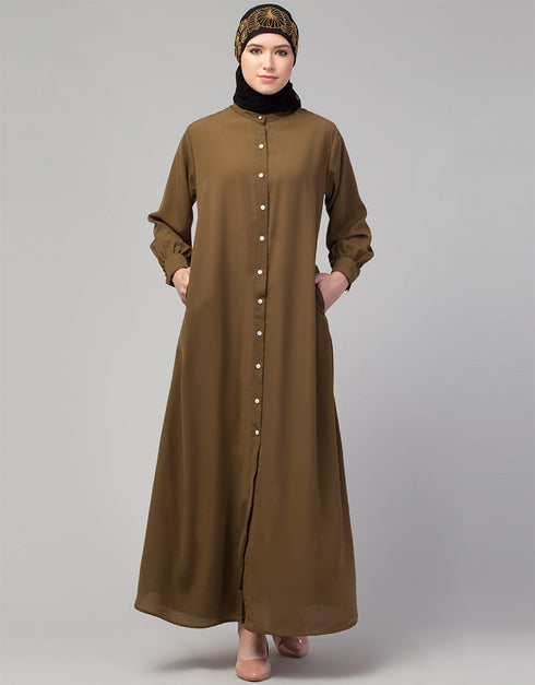 Islamic Front-open abaya with cuffs for everyday wear In Color Gold brown