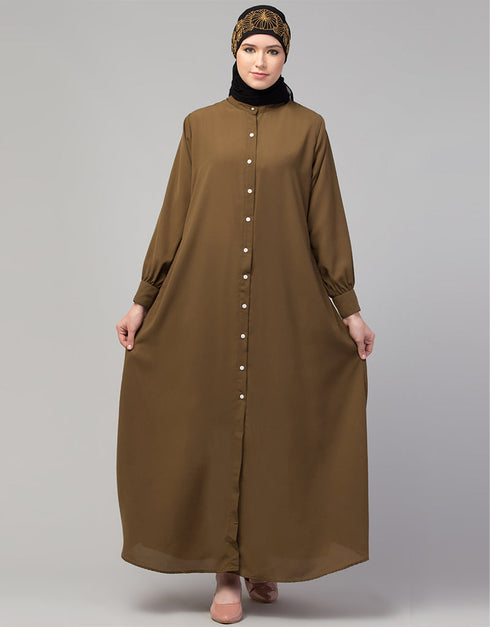 Islamic Front-open abaya with cuffs for everyday wear In Color Gold brown