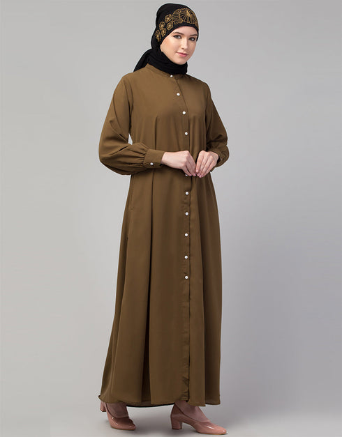 Islamic Front-open abaya with cuffs for everyday wear In Color Gold brown