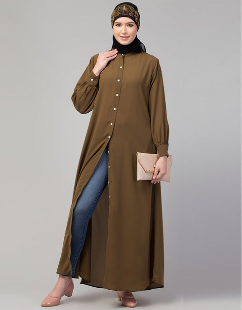 Islamic Front-open abaya with cuffs for everyday wear In Color Gold brown