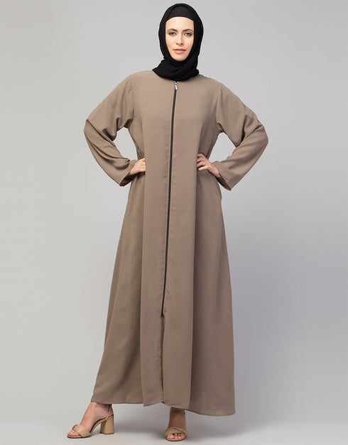 Muslim Front-Open Zip Abaya for Casual Wear In the Shade of Khaki