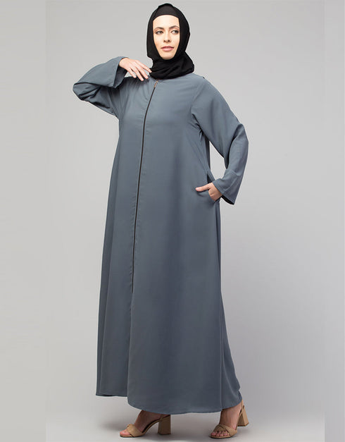 Arabic Basic Abaya with Zipper and Long Sleeves In the Color Grey