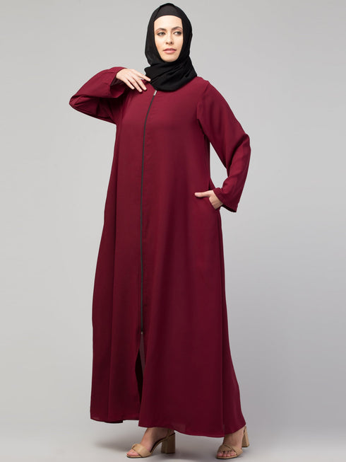 Muslimah Basic Abaya with Zipper for Everyday Life In the Color Maroon