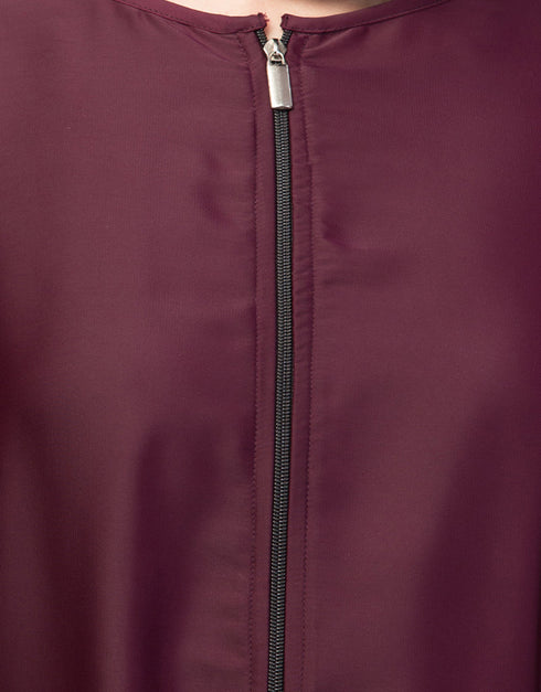 Chic Front-Open Zip Abaya for Daily Wear In the Shade Of Wine