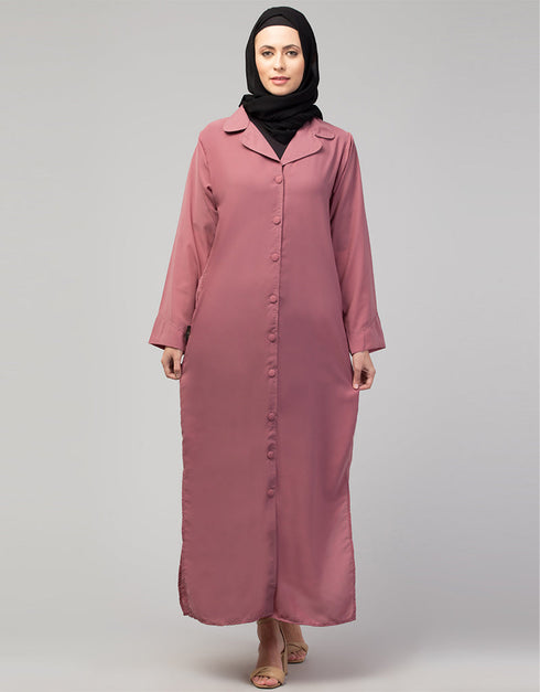 Muslim Abaya with coat collar and self-fabric buttons In the Shade of Mauve Pink