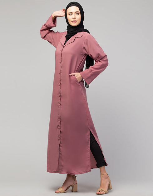 Muslim Abaya with coat collar and self-fabric buttons In the Shade of Mauve Pink