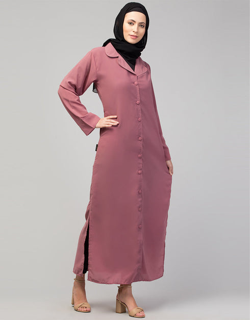 Muslim Abaya with coat collar and self-fabric buttons In the Shade of Mauve Pink