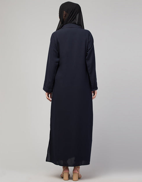Modest Abaya with open front and coat-style collar In the Color Navy Blue
