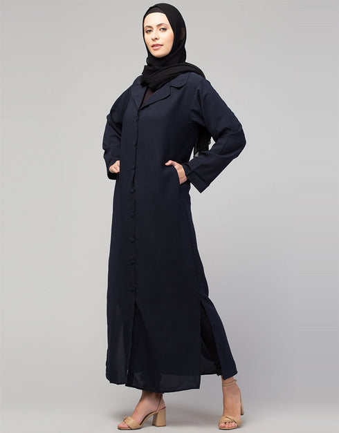 Modest Abaya with open front and coat-style collar In the Color Navy Blue