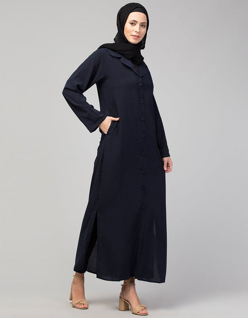 Modest Abaya with open front and coat-style collar In the Color Navy Blue