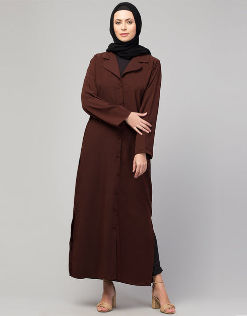 Islamic Abaya with coat collar and buttoned In the Color Brown