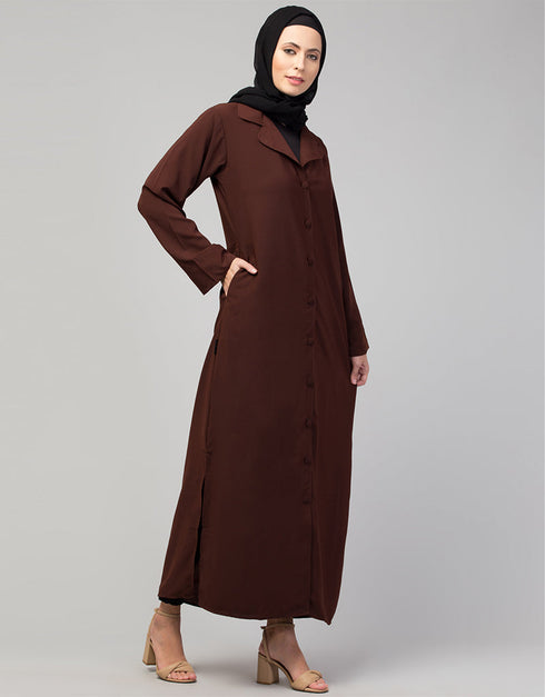 Islamic Abaya with coat collar and buttoned In the Color Brown