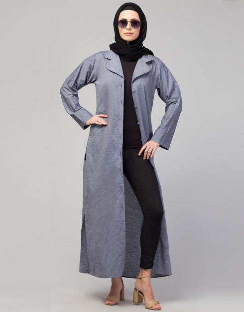 Arabic Abaya with self-fabric buttons and coat collar In the Shade Of Sky Blue