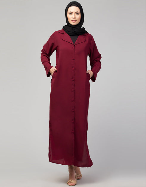 Women Abaya with coat-style collar and self-fabric buttons In the Shade Maroon