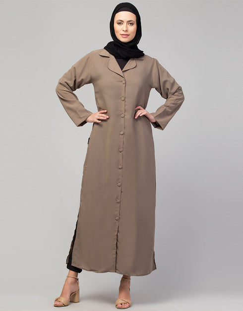 Muslimah Abaya with a coat-style collar and buttoned front In the Color Khaki