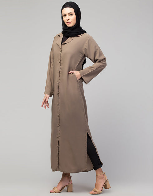 Muslimah Abaya with a coat-style collar and buttoned front In the Color Khaki