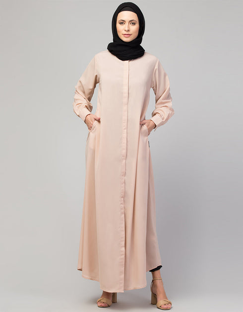 Trendy Basic abaya with front opening and hidden placket in the Shade Skin