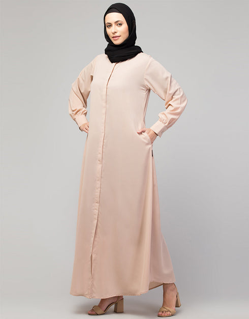 Trendy Basic abaya with front opening and hidden placket in the Shade Skin