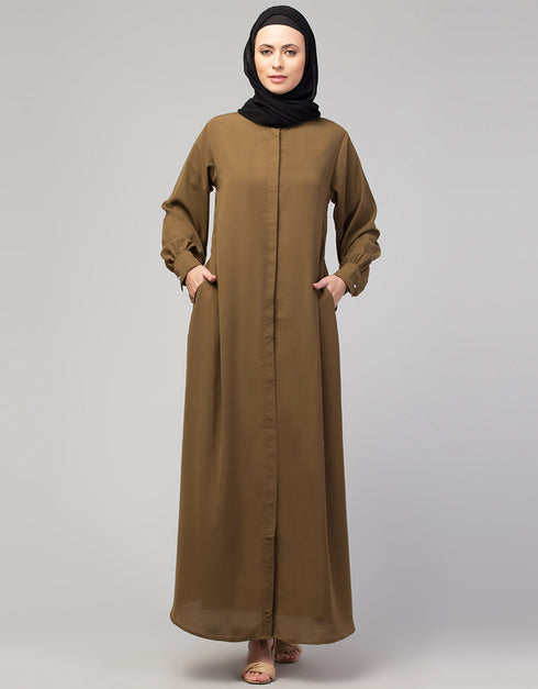 Modern Daily wear abaya with front opening and hidden placket in Color Gold