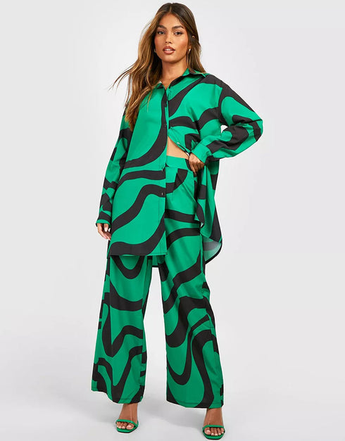 Designer Party Wear Readymade Co-Ords Set Green Korean Bsy Pant Shirt Front View