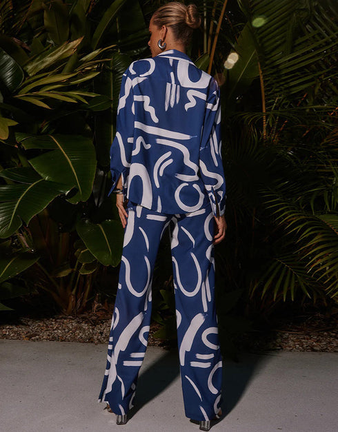 Designer Party Wear Readymade Co-Ords Set Blue Korean Bsy Pant Shirt Close-up View