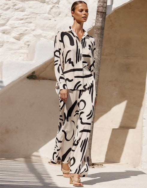 Designer Party Wear Readymade Co-Ords Set Cream Korean Bsy Pant Shirt Close-up View