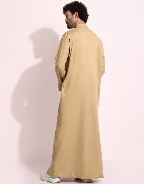 Beige Thobes Mulburry Cotton Digital Printed Work Closure View