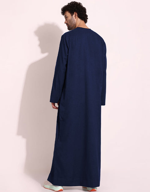 Navy Blue Thobes Twill Digital Printed Work Closure View