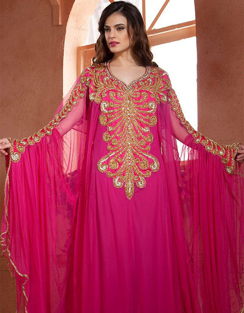 Chic Pink net Hand made heavy golden Embroidery Farasha