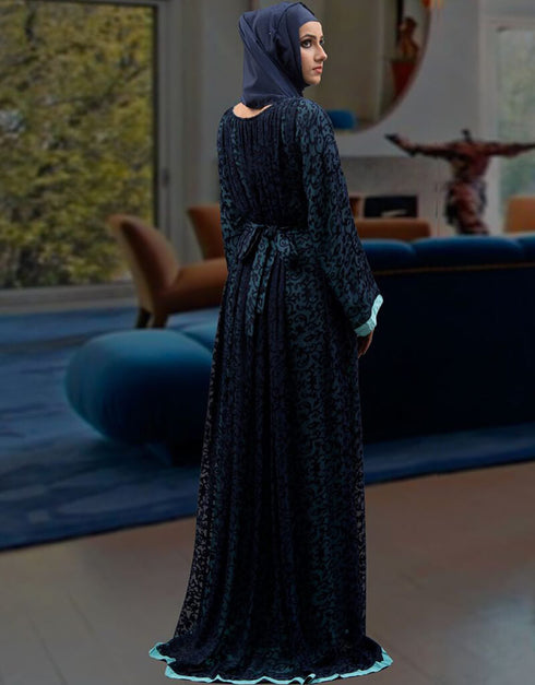 Dubai Aqua Blue Georgette Hand Printed Embroidery Kaftan