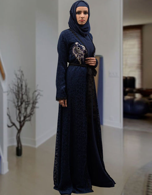 Islamic Dark Blue Brasso Hand Black Embroidery with Digital Flowers Printed Front Open Style Kaftan