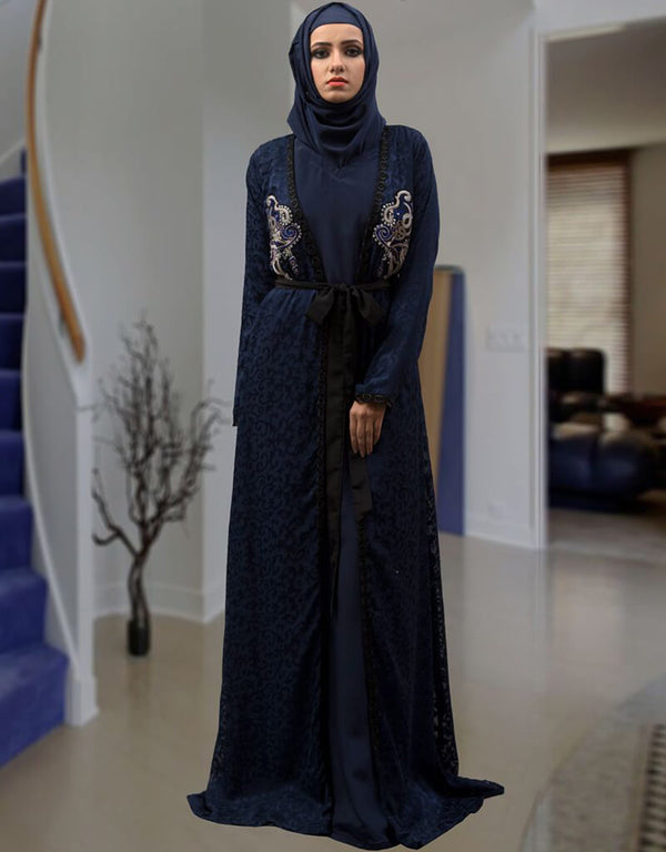 Islamic Dark Blue Brasso Hand Black Embroidery with Digital Flowers Printed Front Open Style Kaftan