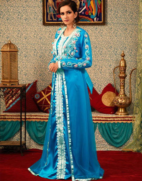 Arabic Firozi Color Silk Georgette Hand Silver Embroidery Moroccan