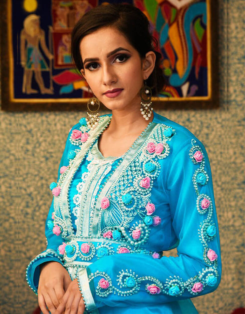 Arabic Firozi Color Silk Georgette Hand Silver Embroidery Moroccan