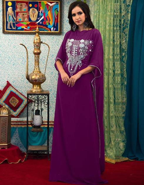 Modern Purple Color Georgette Hand Silver Embroidery Kaftan