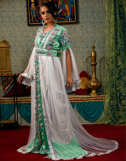 Muslim Mint Green Silk Handmade Stone Embroidery Takchita Style Kaftan