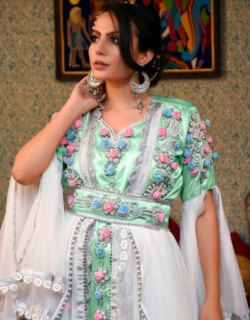 Muslim Mint Green Silk Handmade Stone Embroidery Takchita Style Kaftan