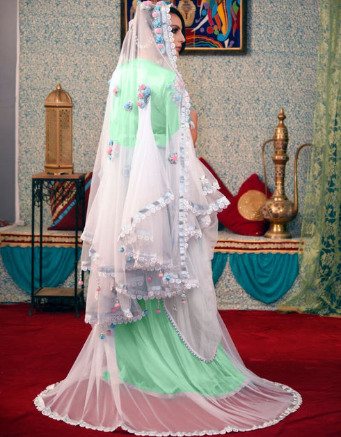 Modest Mint Green Silk Hand Stone and Flowers Embroidery Kaftan