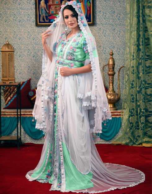 Modest Mint Green Silk Hand Stone and Flowers Embroidery Kaftan