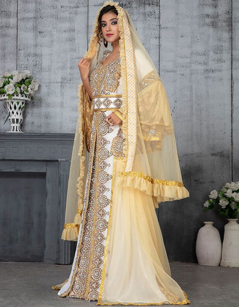 Arabic Off White and Brige Georgette Handmade Golden with Stone Embroidery Takchita