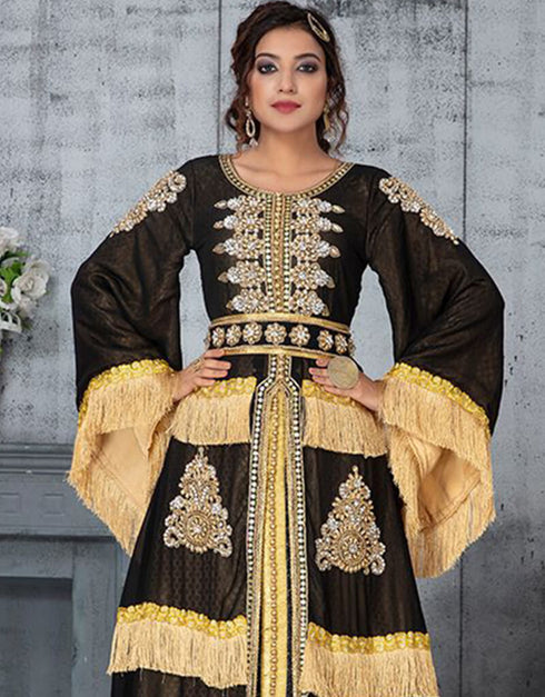 Women Heavy Black Georgette Hand Multi Embroidery Wedding Kaftan