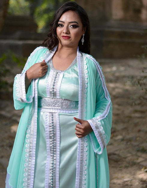 Trendy Green Georgette Hand Silver Embroidery Front Open Kaftan