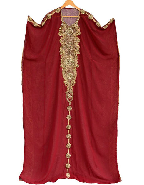 Modern Maroon Georgette Hand Golden Color Stones Embroidery Farasha
